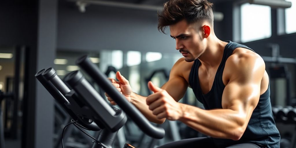 Person exercising on an air bike in a gym.