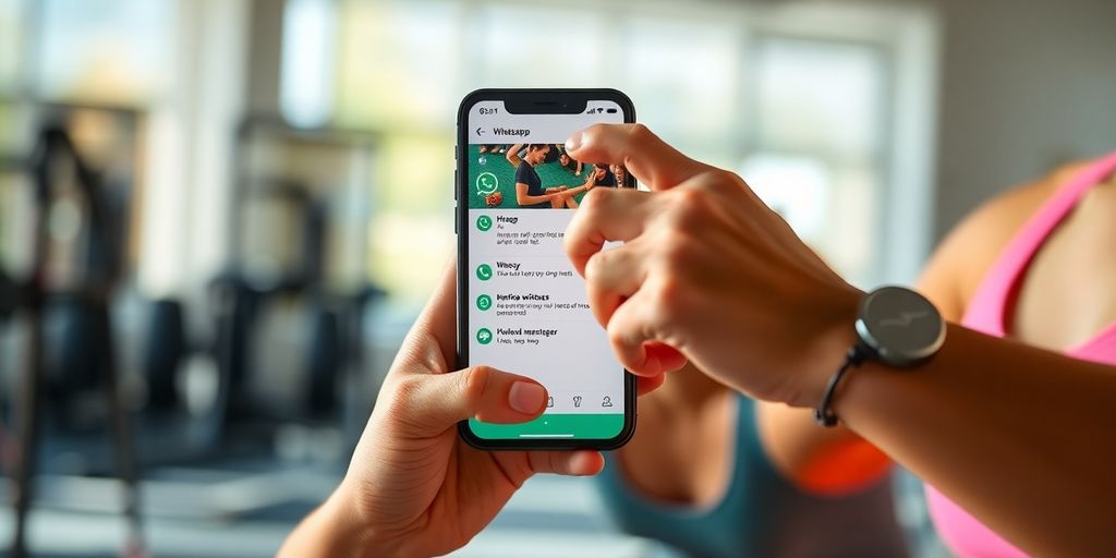 Person exercising with smartphone, using WhatsApp for workouts.