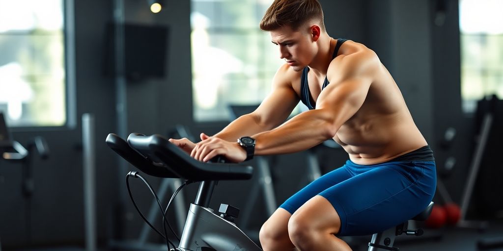 Person exercising on an air bike in a gym.