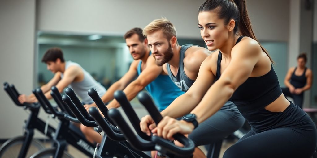 Athletes exercising on air bikes in a gym.