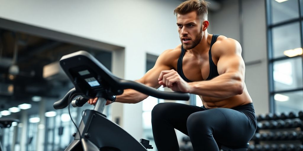 Athlete on air bike in a modern gym.