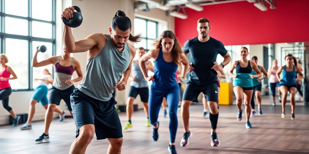 Athletes performing metabolic conditioning workouts in a gym.