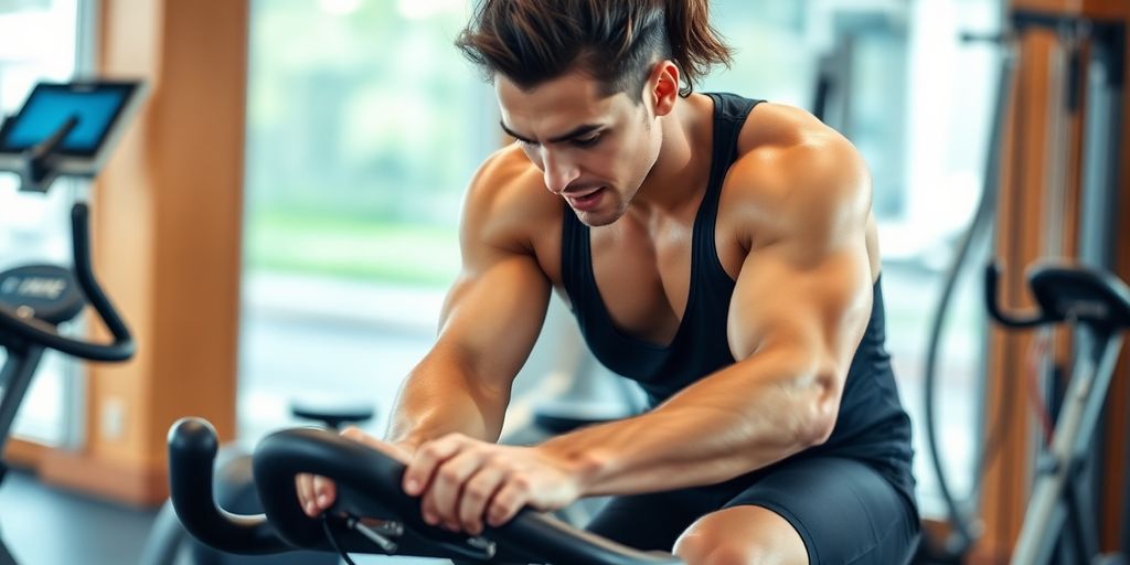 Person exercising on an air bike in a gym.