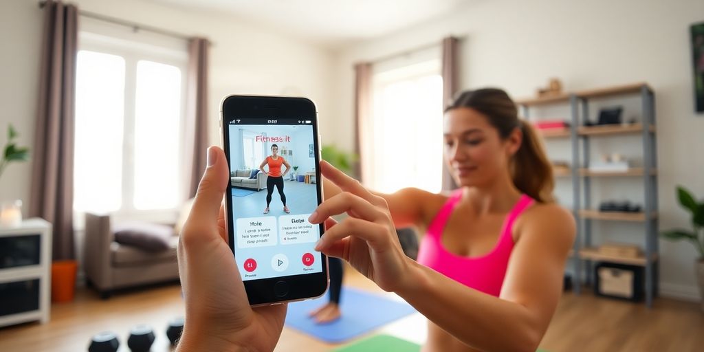 Person exercising at home with smartphone guidance.