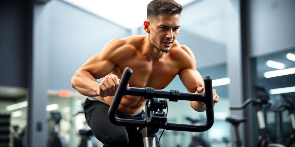 Person exercising on an air bike in a gym.